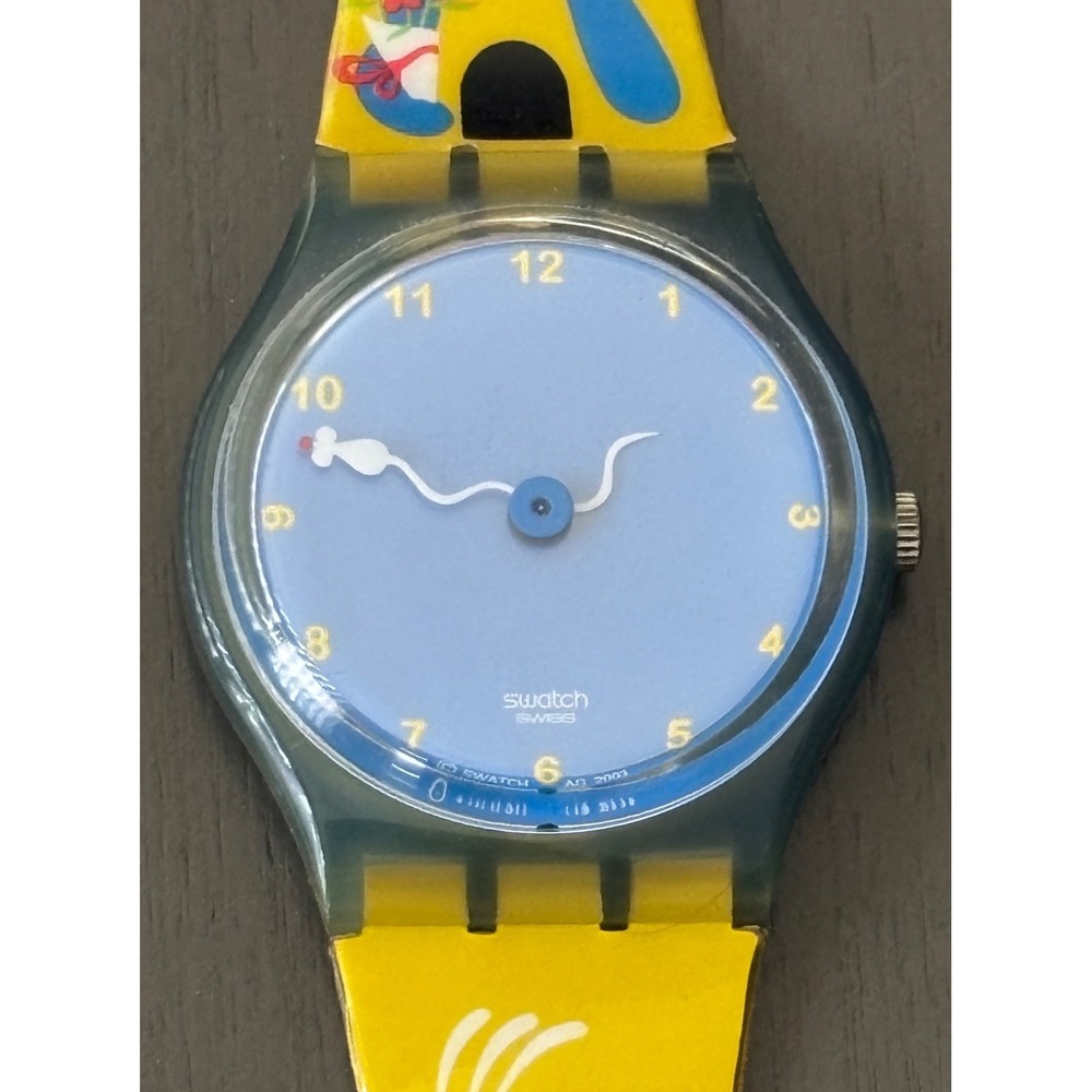 Rare Swatch Watch 2003 Original Gent Blue Cat Mouse YellowStrap GN209 Swiss Made